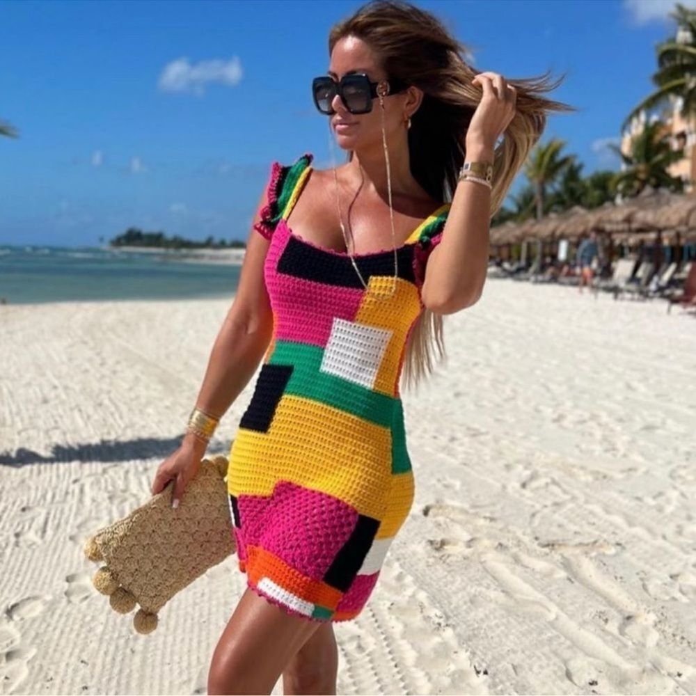 Zara crochet multi color patchwork dress NWT